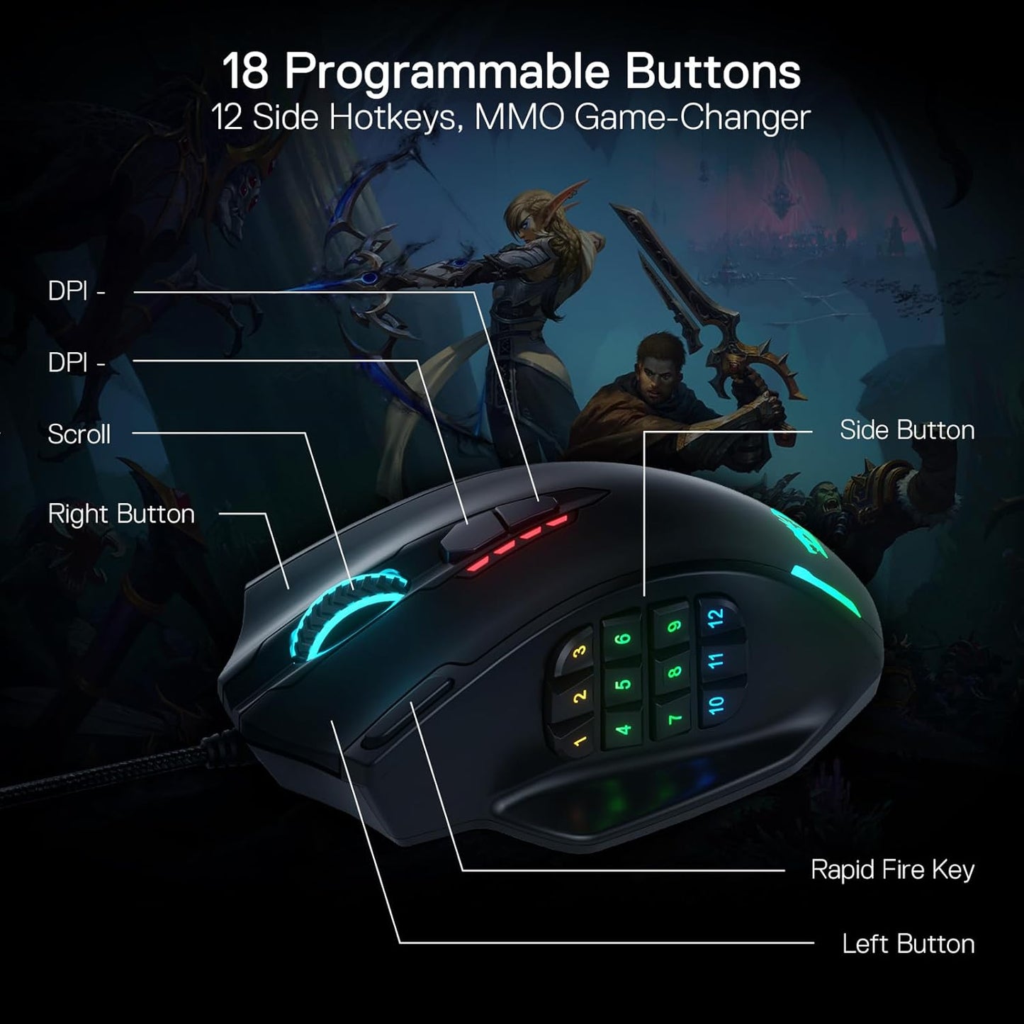 Redragon M908 Impact RGB LED MMO Gaming Mouse with 12 Side Buttons, Optical Wired Ergonomic Gamer Mouse with Max 12,400DPI, High Precision, 18 Programmable Macro Shortcuts, Comfort Grip Gaming Mice Gamers Point 15.000