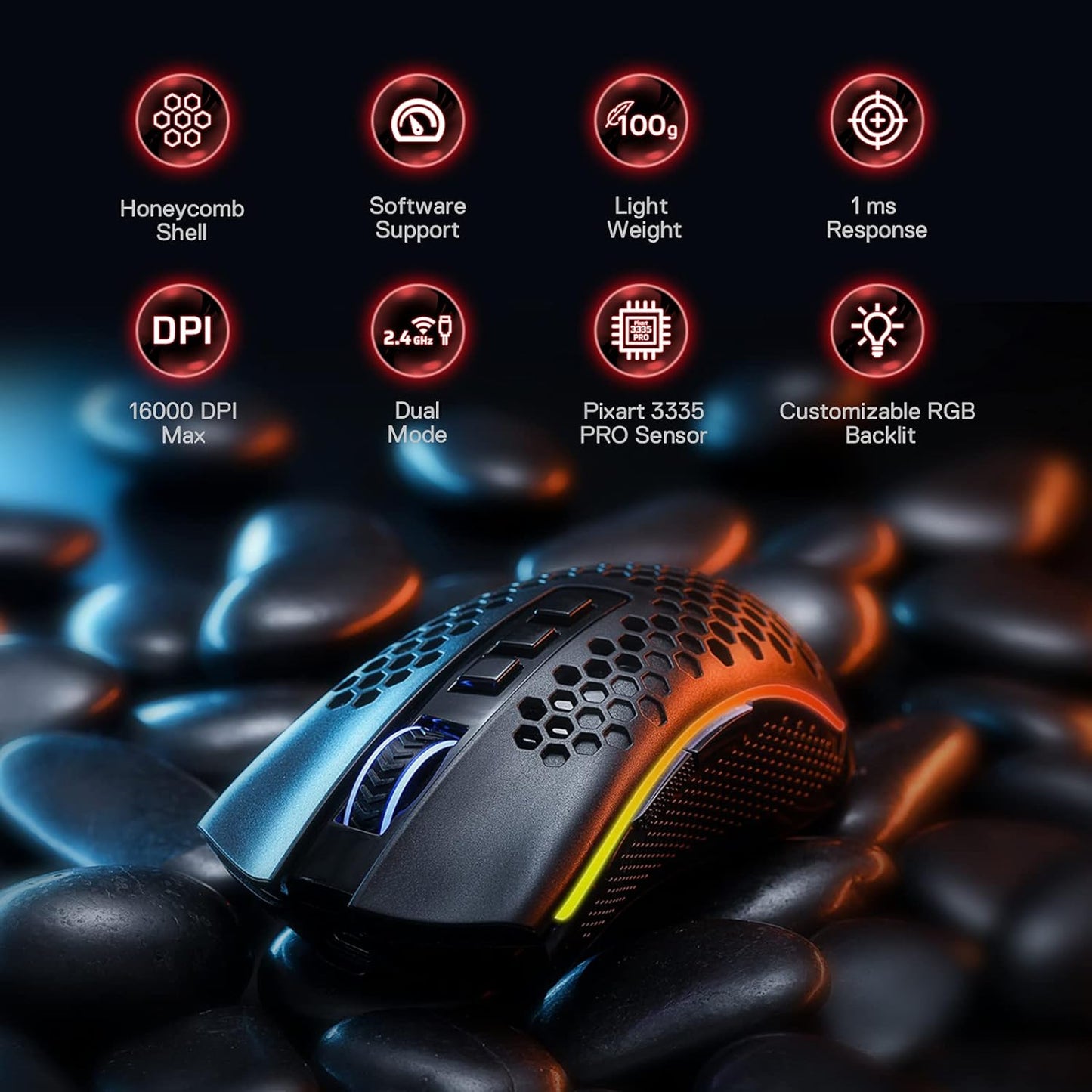 Redragon M808 Storm Pro Wireless Gaming Mouse, RGB Honeycomb Form - 16,000 DPI Optical Sensor - Programmable Macro Buttons - Precise Registration Gaming Mice Gamers Point 22.000
