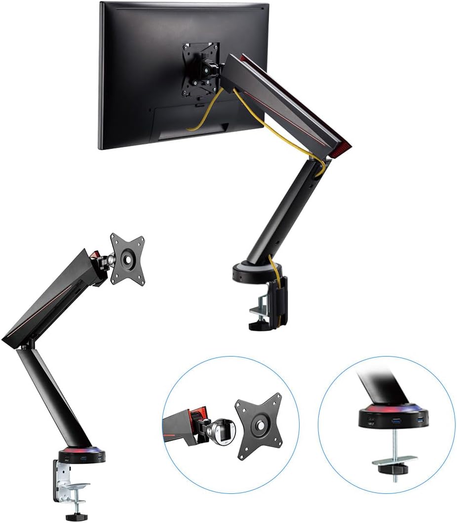 Twisted Minds 17"-32" Single Monitor Pro Gaming Rgb Desk Mount - AdJustable Die-Cast Aluminum Gas Spring With Usb 3.0- Vesa/C-Clamp/Grommet/Cable Management Twisted Minds Twisted Mind Single RGB Monitor Mount  Gamers Point