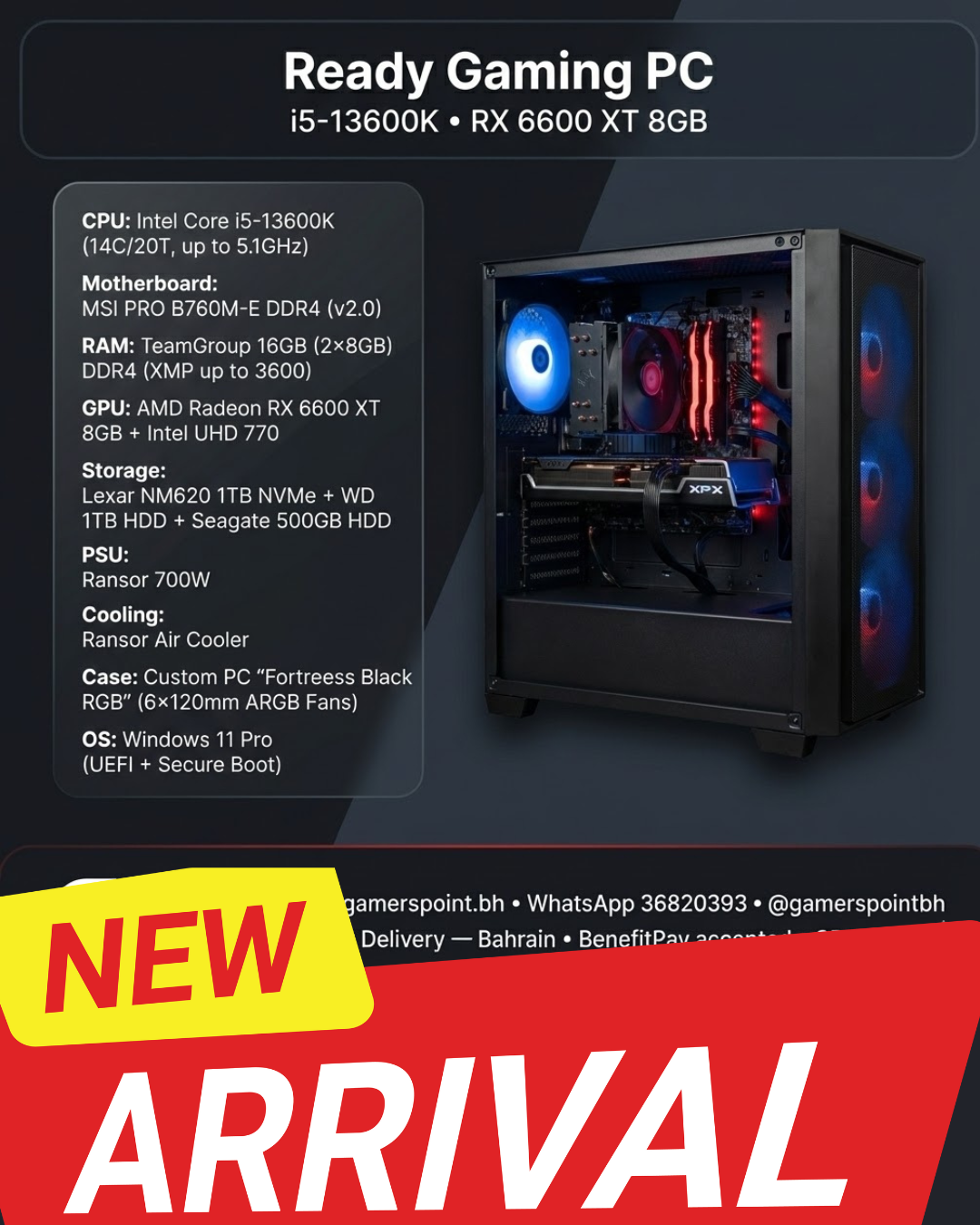 Ready Gaming PC | i5-13600K + RX 6600 XT | 16GB DDR4 | 1TB NVMe + 2TB HDD | Windows 11 Pro