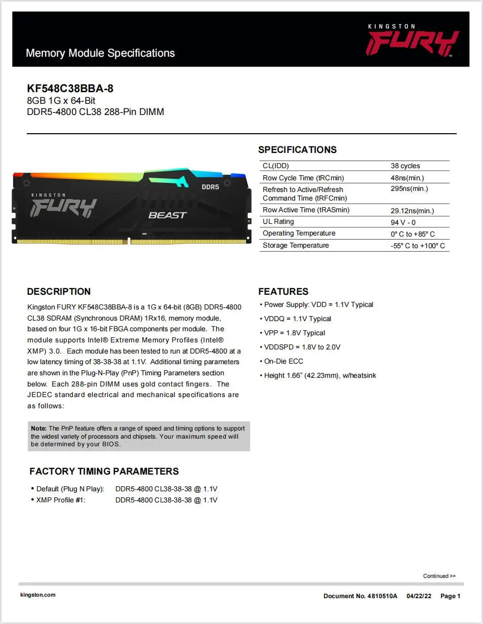 Kingston FURY Beast RGB DDR5 RAM 8GB 16GB 32GB 5200 5600 6000 6400 6800MHz Desktop AMD Intel CPU Motherboard Memory 288 PIN 1.1V