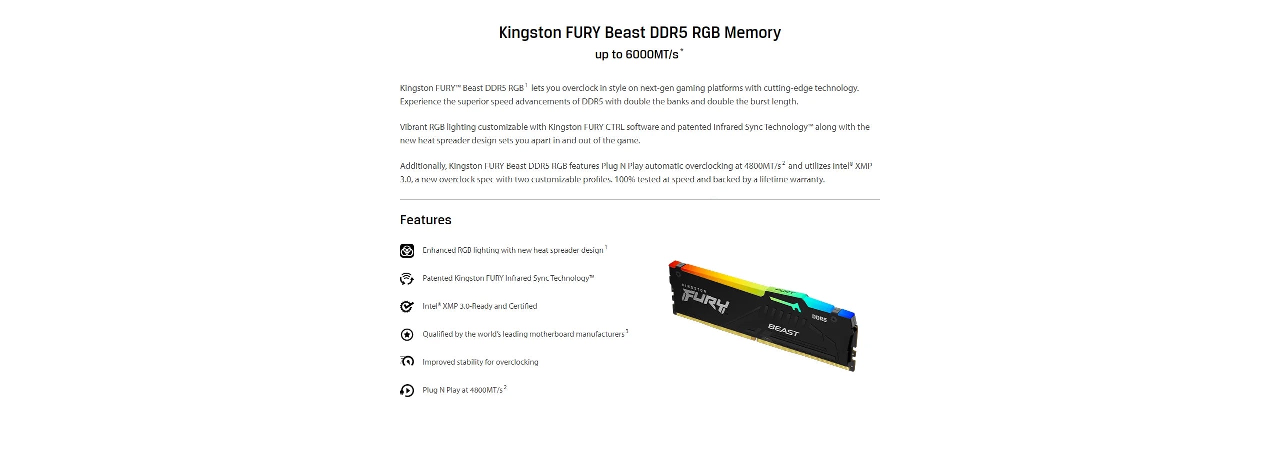 Kingston FURY Beast RGB DDR5 RAM 8GB 16GB 32GB 5200 5600 6000 6400 6800MHz Desktop AMD Intel CPU Motherboard Memory 288 PIN 1.1V
