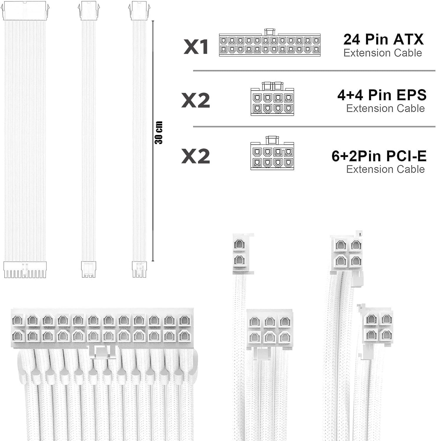 ACE Sleeved Extension Cables Nylon Braided 16AWG 30cm Set